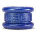 Blue silicone ball stretcher, short squishy cylinder with embossed grip detail