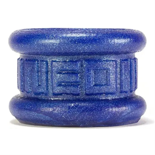 Blue silicone ball stretcher, short squishy cylinder with embossed grip detail