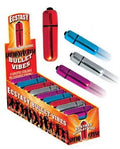 Bullet-shaped novelty items in assorted colors, shown in a display box