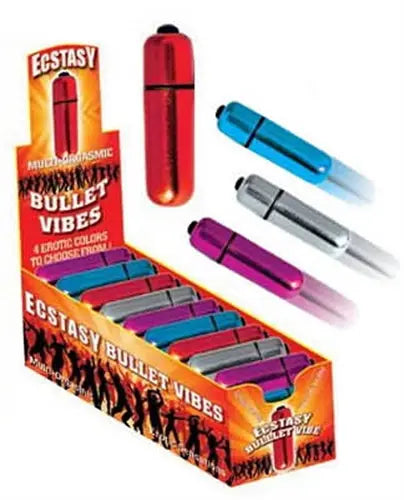 Bullet-shaped novelty items in assorted colors, shown in a display box