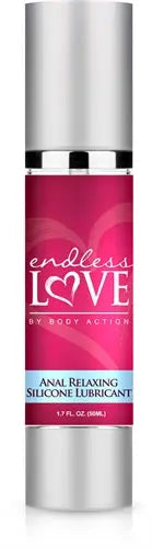 Anal relaxing silicone lubricant bottle with magenta Endless Love label, 1.7 fl oz