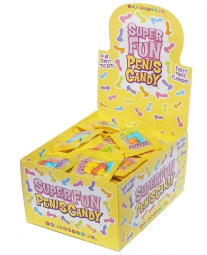 Yellow cardboard candy display box with clear window and penis-shaped candy bags