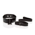 Black faux-leather collar and matching leash with diamond-style stud accents and silver hardware