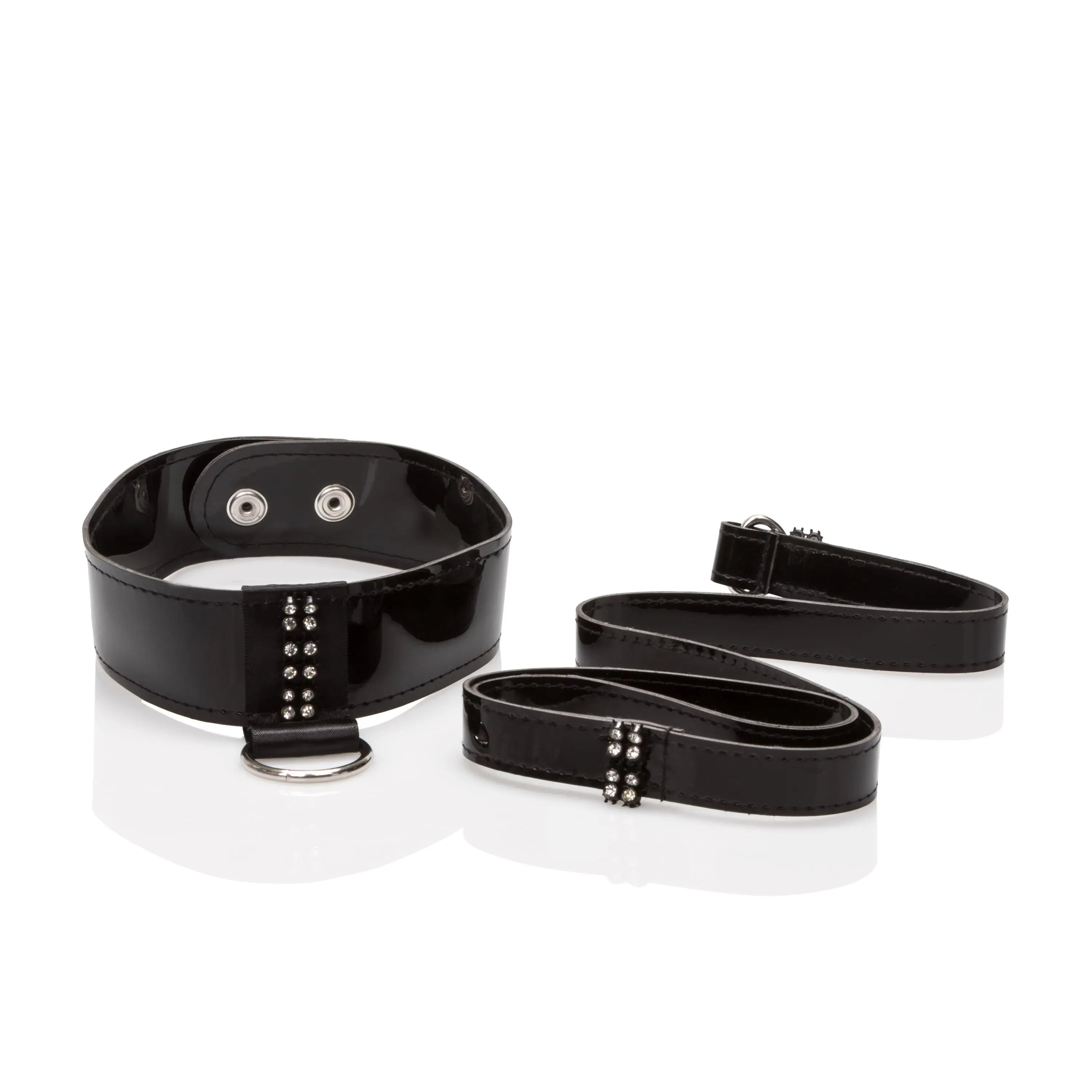 Black faux-leather collar and matching leash with diamond-style stud accents and silver hardware