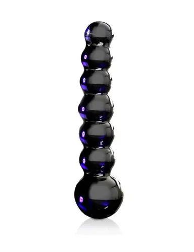 Black glossy segmented anal plug with rounded ends and purple accent lights