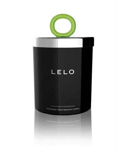 LELO flickering touch massage candle, black jar with green handle lid
