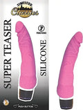 Pink curved sex toy with black base and silver ring detail
