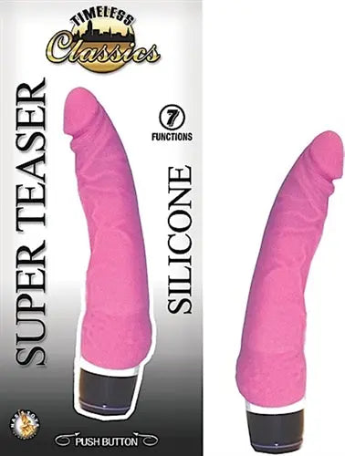 Pink curved sex toy with black base and silver ring detail