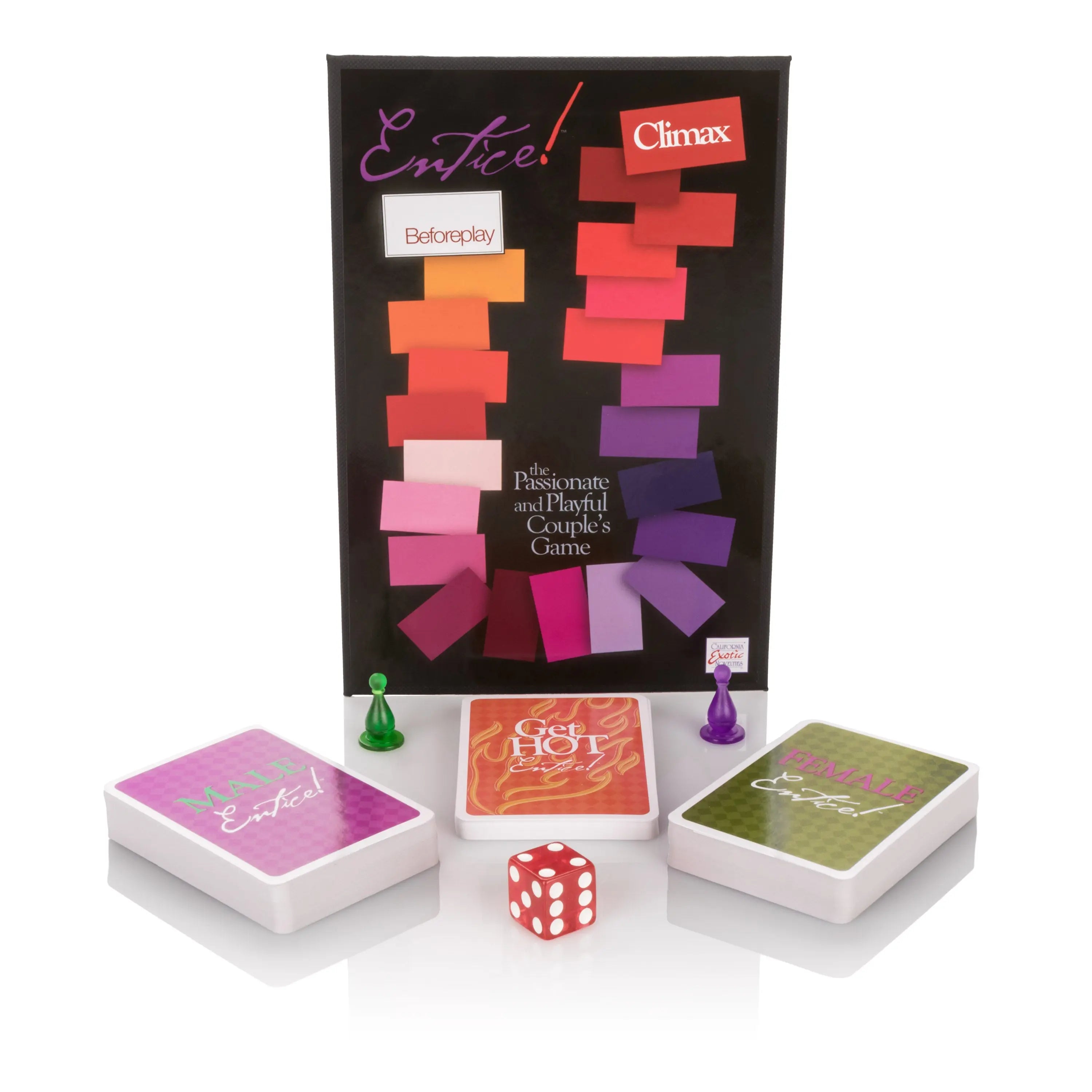 Entice card game set with box, three card decks, and red dice on display