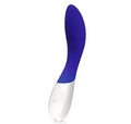 Curved midnight blue sex toy with white base