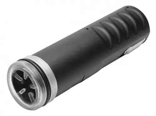 Auto stroker device, black cylindrical body with ribbed grip and metal ring opening