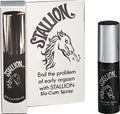 Stallion spray delay Slo-Cum bottle and box, black and silver, illustrated horse logo