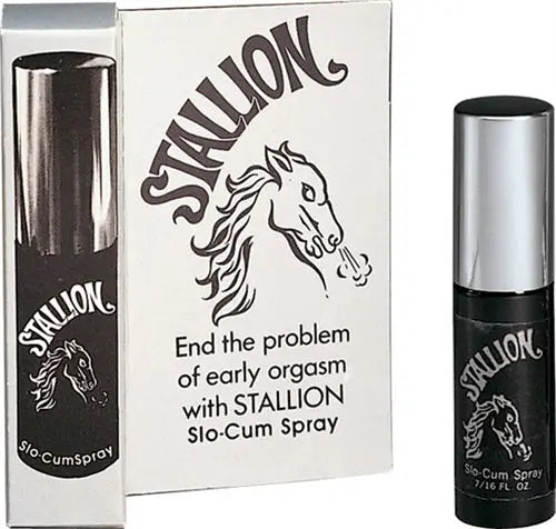 Stallion spray delay Slo-Cum bottle and box, black and silver, illustrated horse logo