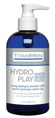Titanmen Hydro Play water-based glide lubricant bottle with pump, blue and white