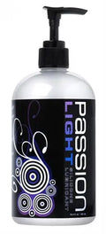 Passion Light silicone lubricant bottle with black pump and purple label