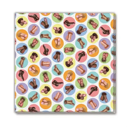 Novelty paper napkins, mini penis pattern in multicolor, folded square pack