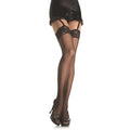Black lace-top sheer thigh-high stockings with decorative lace band and garter straps