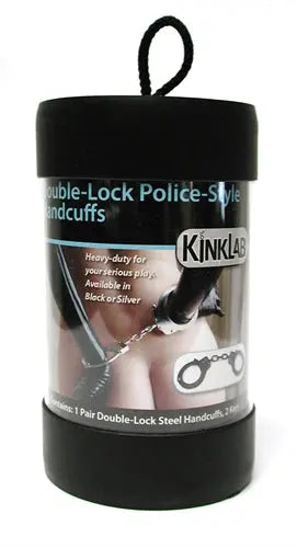 Black steel police-style double-lock handcuffs in clear blister packaging