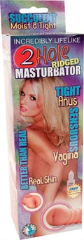 Two-hole ridged masturbator sex toy packaging with tight anus and vagina labels