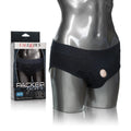 Black brief harness with front button cutout and contoured waistband
