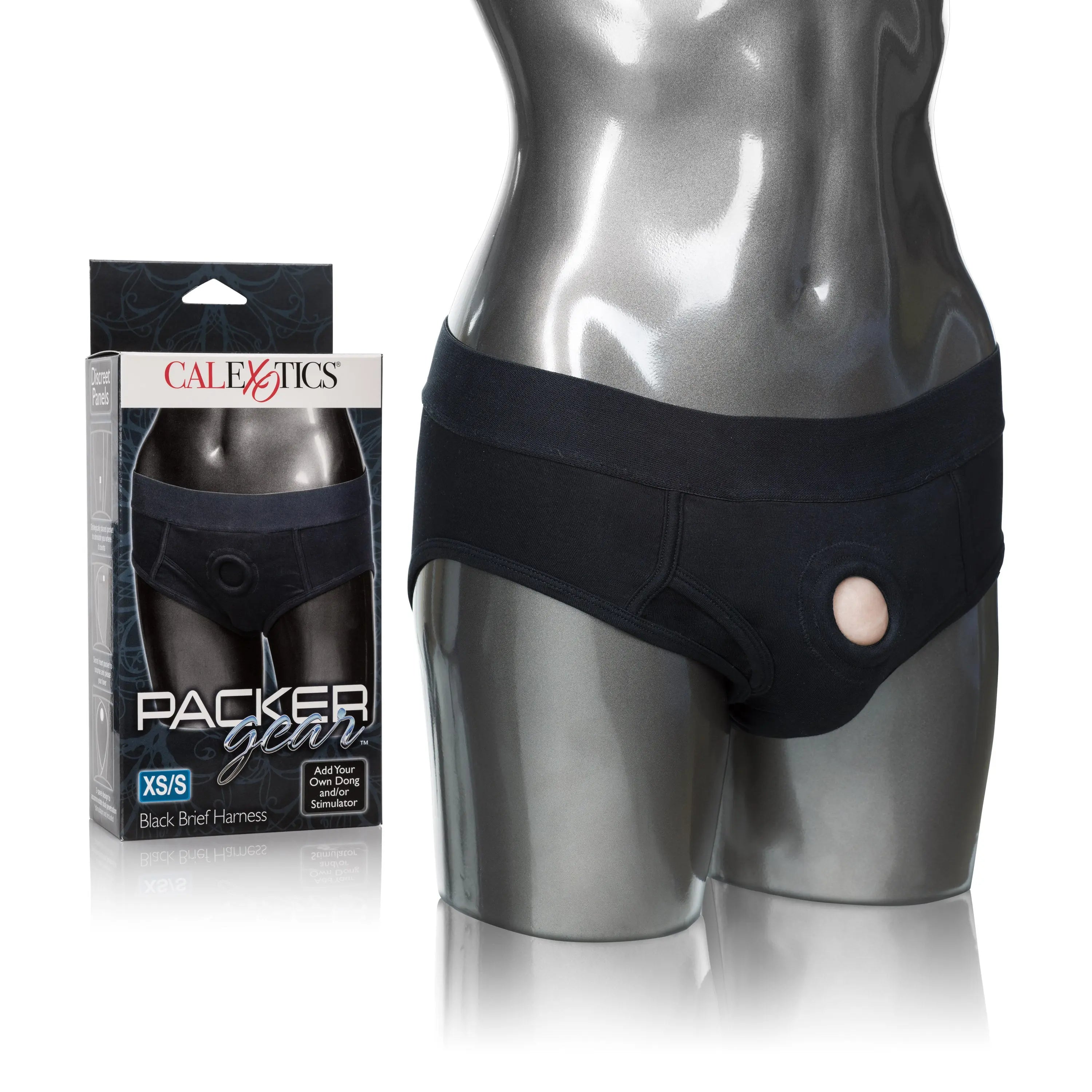 Black brief harness with front button cutout and contoured waistband