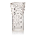 Clear glass cylindrical ornament with embossed bands and swirl accents
