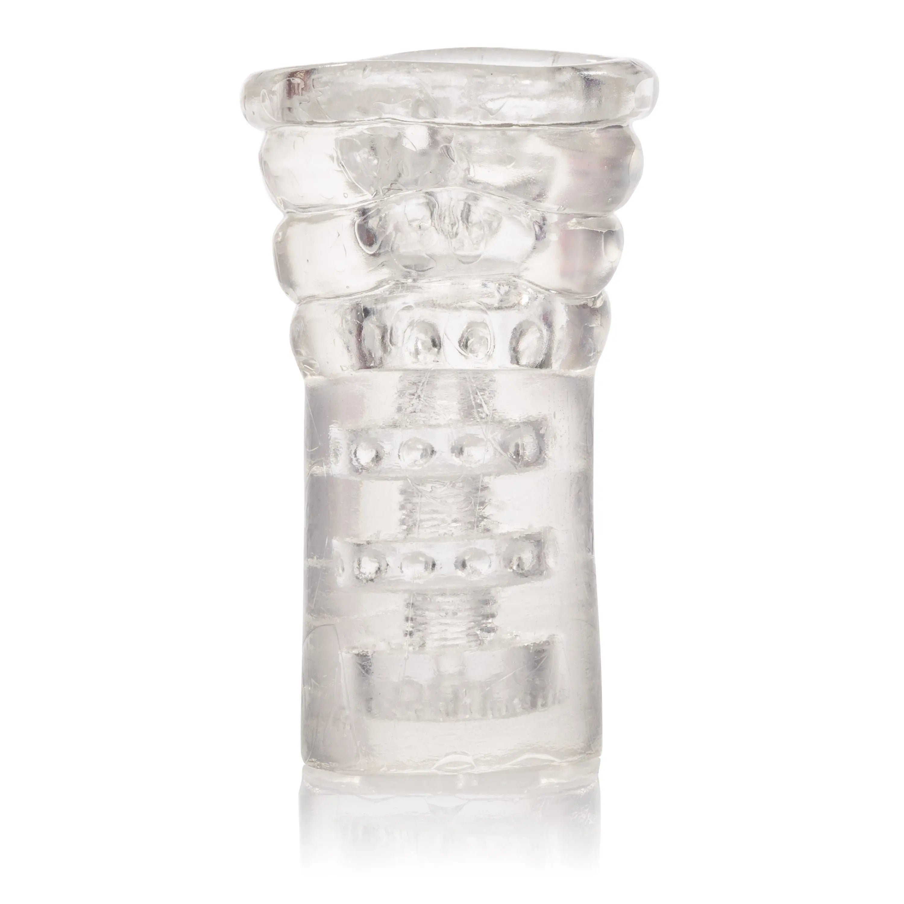 Clear glass cylindrical ornament with embossed bands and swirl accents