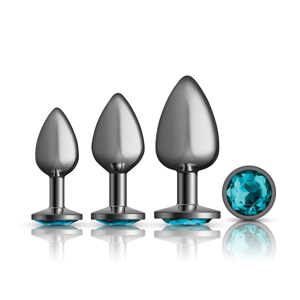 Teal Round Gem Anal Trainer Kit - Gunmetal – body-safe materials fully waterproof | Fu'Cha Exotics