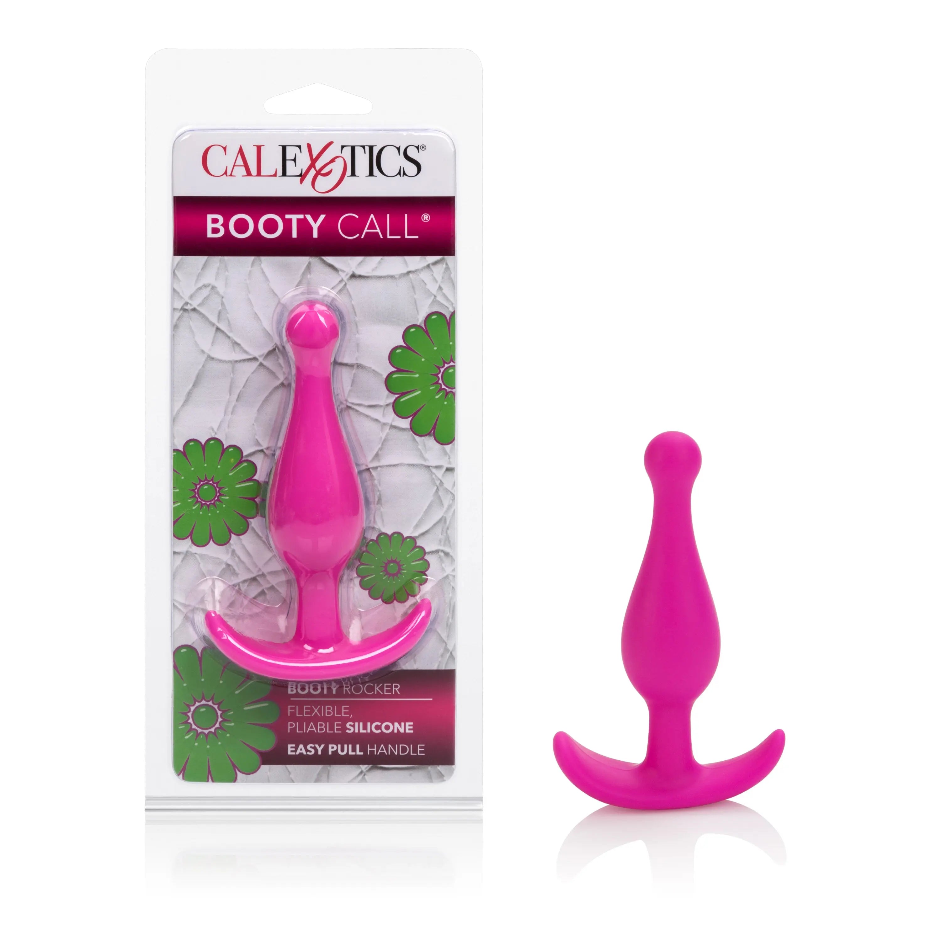 Pink silicone anal plug with rounded tip and curved base