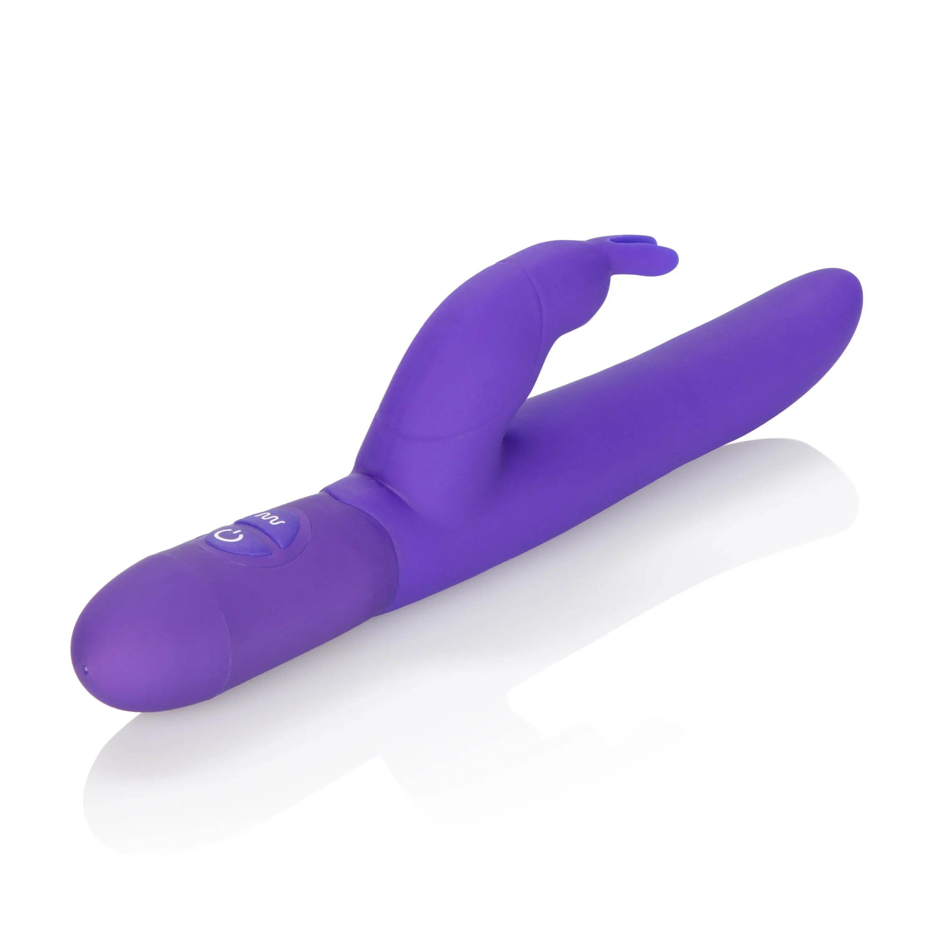 Purple silicone bounding bunny massager with side button detail