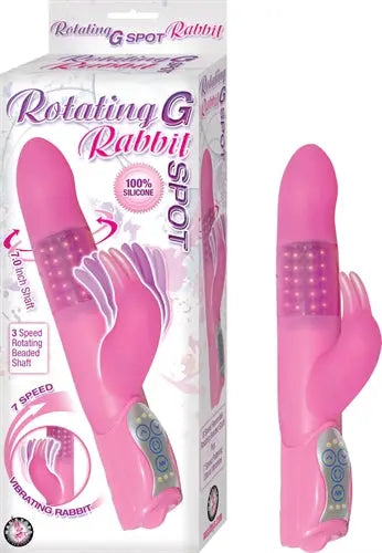 Pink rotating rabbit massager with textured stimulation head and control buttons