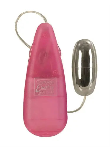 Pink teardrop bullet massager with cord and metallic oval tip