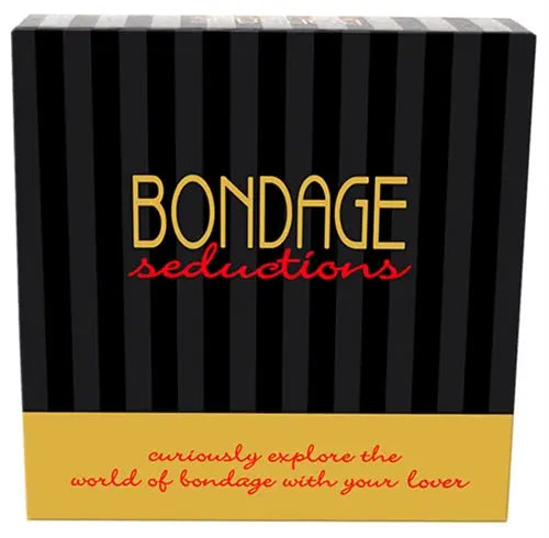 Bondage Seductions striped gift box with gold band and red text