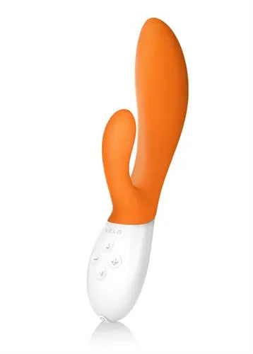 Orange silicone vibrator with curved shape and white base