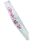White satin bride-to-be sash with pink embroidered text