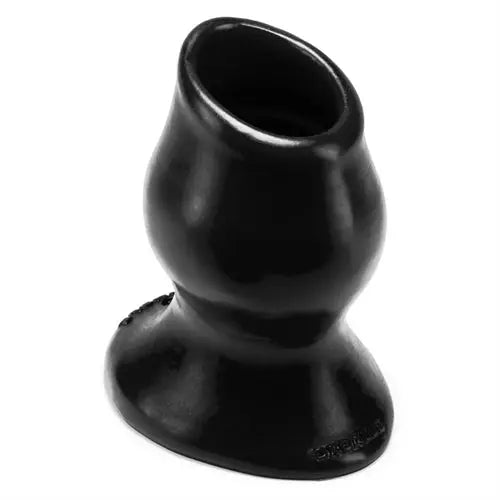 Black silicone butt plug with flared base and rounded shaft