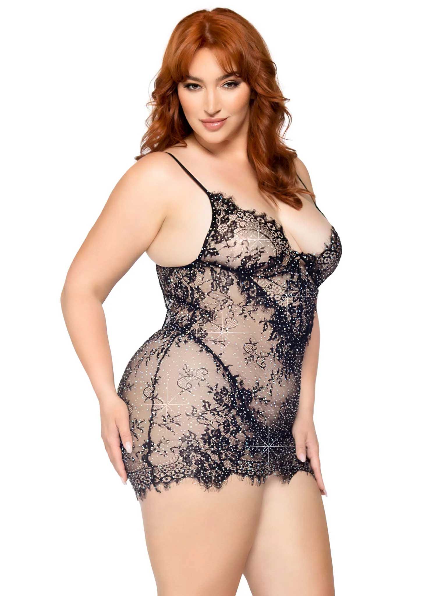 2 Pc Rhinestone Lace Dress and G-String - 1x/2x - Black