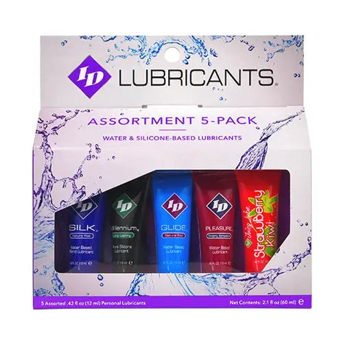 Assorted 5-pack personal lubricants retail box with five lubricant bottles