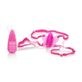 Pink butterfly-shaped massager with adjustable elastic strap and two pads