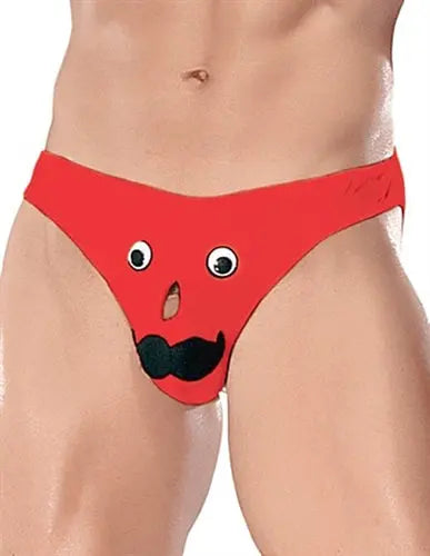 Red bikini bottom with cartoon face print and black accents