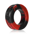 Comfort cock ring in red and black swirl, rounded flexible ring shape