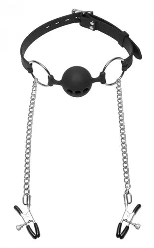 Black silicone ball gag with adjustable straps and metal chain nipple clamps