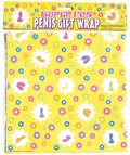 Colorful penis-themed gift wrap sheets with flowers on lime green background