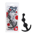 Black anal bead toy with three rounded beads and curved tail
