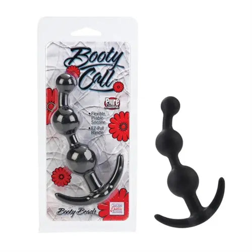 Black anal bead toy with three rounded beads and curved tail