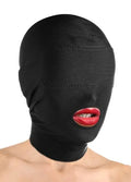 Black spandex face hood with red open mouth and padded eye area
