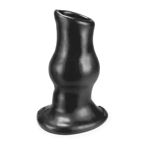 Black glossy silicone anal plug with deep curved tip and flared base