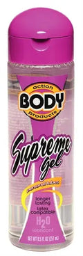 Body Action Supreme gel bottle with magenta flip-top cap and clear gel in tube