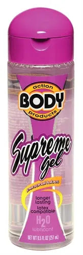 Body Action Supreme gel bottle with magenta flip-top cap and clear gel in tube
