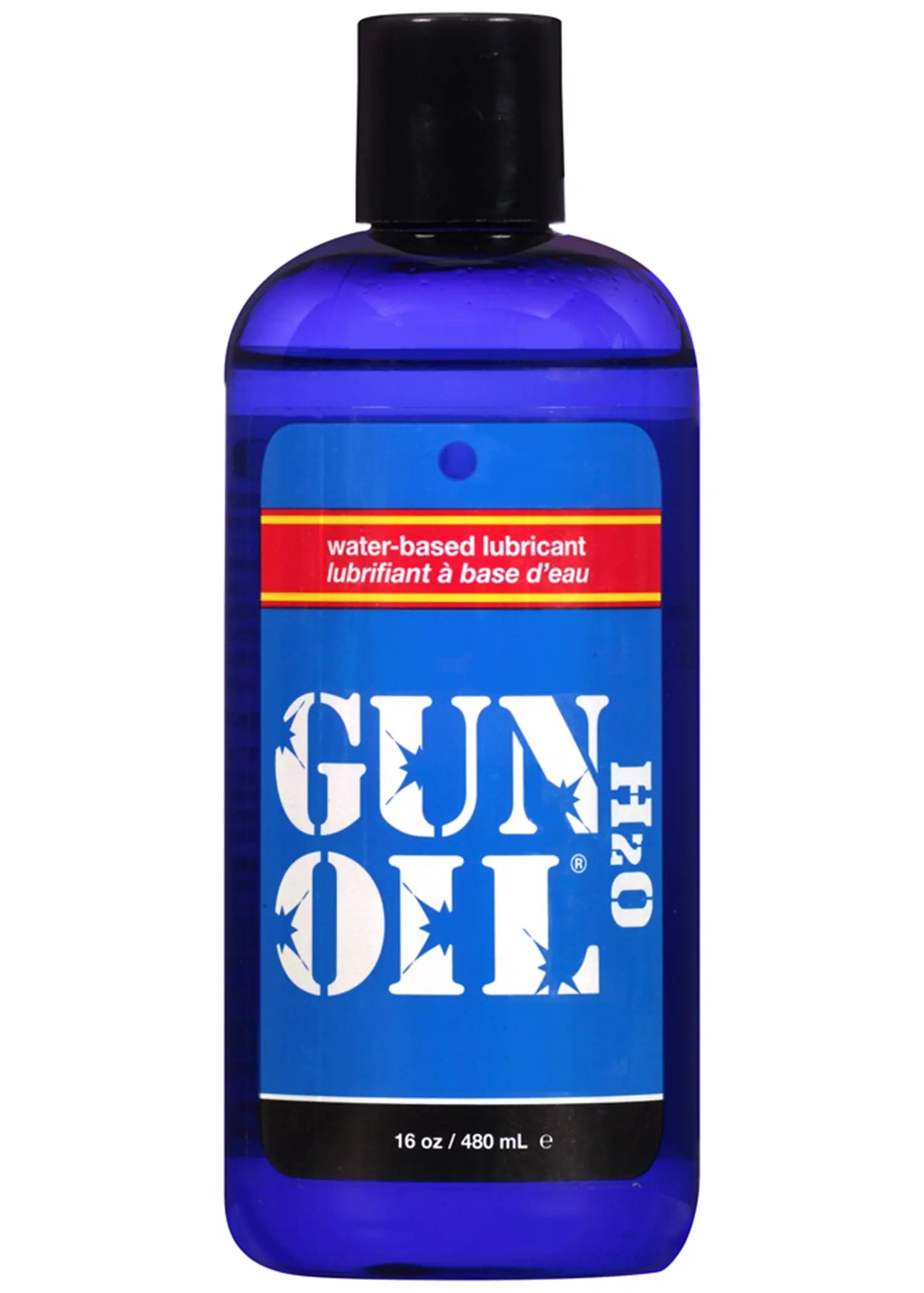 Water-based gun oil bottle, 16 oz, blue liquid in black cap.